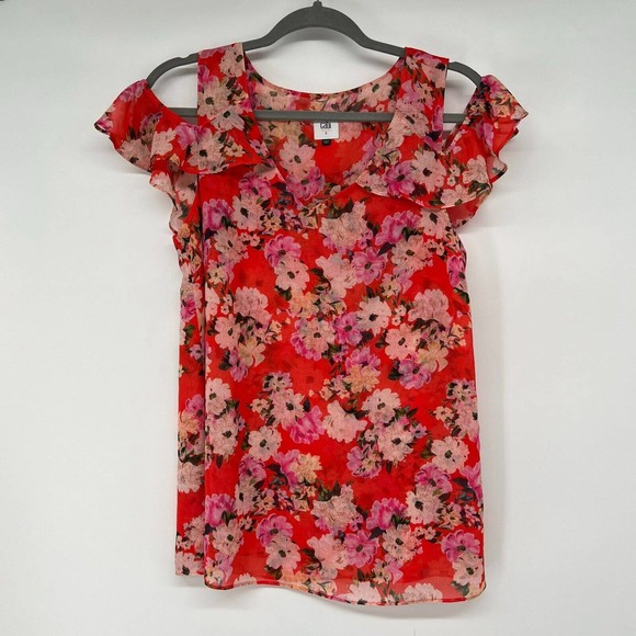 CAbi #5352 Top Blouse Sz Small Orange Floral Lush Cold Shoulder Ruffle V-Neck - Picture 2 of 8